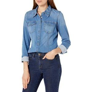 Guess Women's Slim Fit Long Sleeve Snap Front Denim Shirt Blue Size Small B3-04